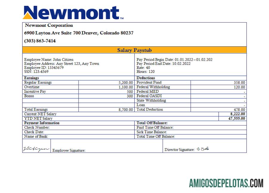 Recibo de pagamento da empresa de mineração da USA Newmont Corporation amostra